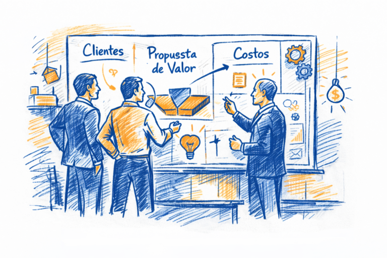 empresarios diseñando modelo de negocio en pizarron